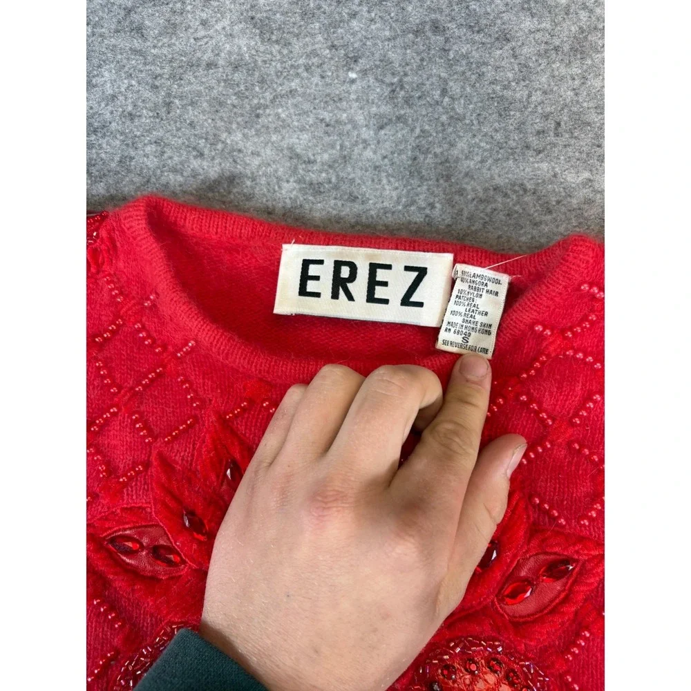 Vintage 80s Erez Beaded Butterfly Sweater Red Lambswool Angora Snakeskin Small